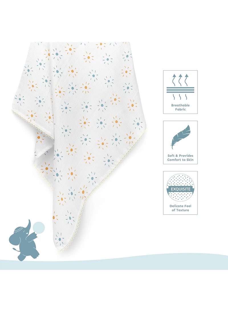 Sadora Baby 2 Layer Muslin Baby Blanket Premium Warm Breathable Cotton Muslin Blanket with Soft Lace Edging Infants and Toddlers 110cm x 110cm Sun