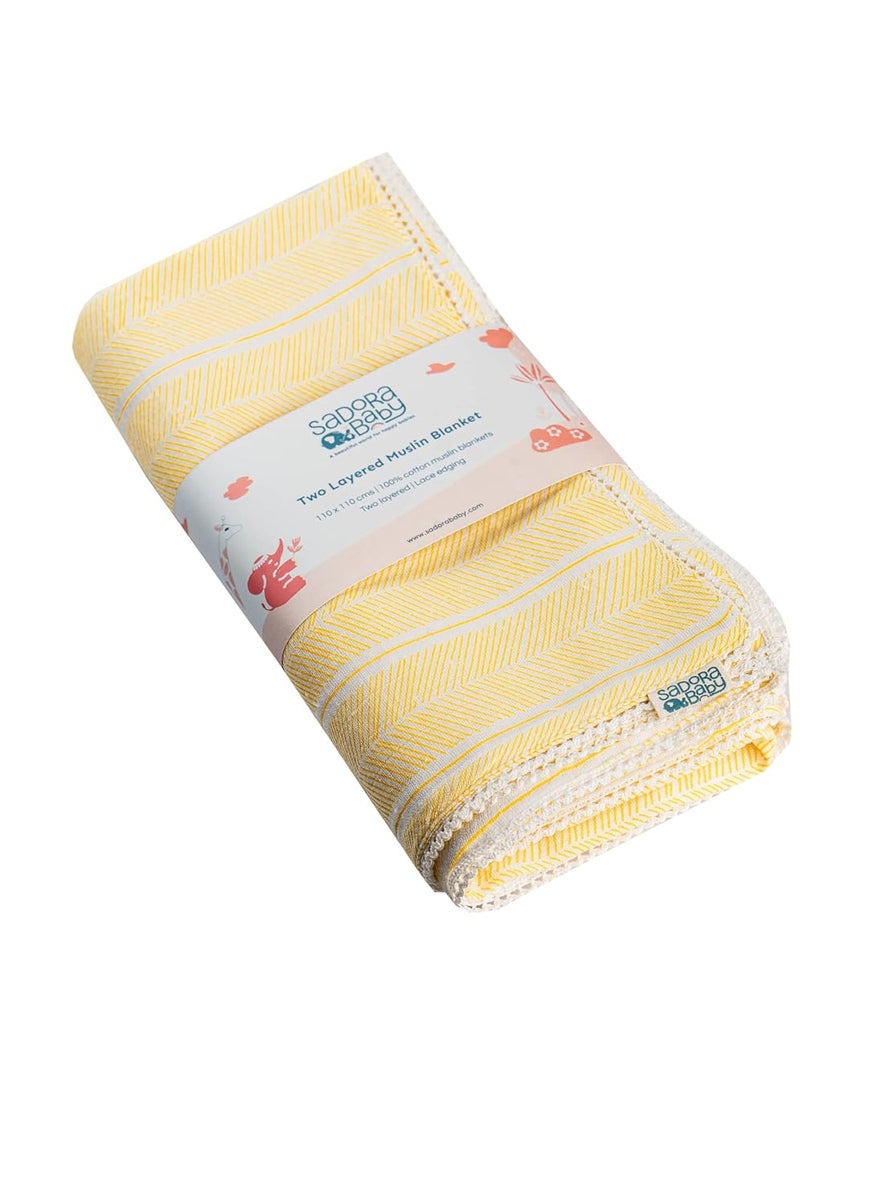 Sadora Baby 2 Layer Muslin Baby Blanket Premium Warm Breathable Cotton Muslin Blanket with Soft Lace Edging Infants and Toddlers 110cm x 110cm Aztec