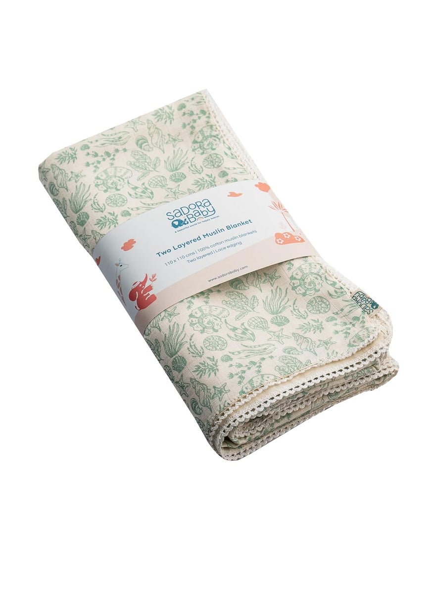Sadora Baby 2 Layer Muslin Baby Blanket Premium Warm Breathable Cotton Muslin Blanket with Soft Lace Edging Infants and Toddlers 110cm x 110cm Shell