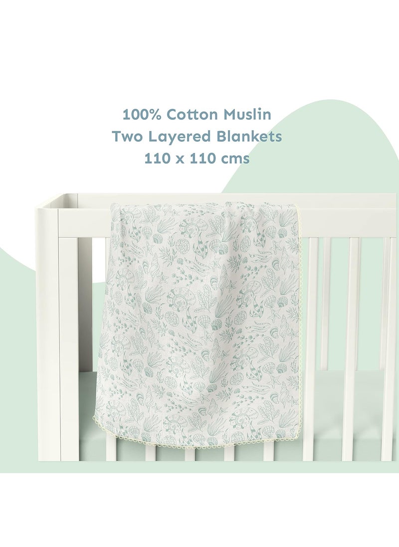 Sadora Baby 2 Layer Muslin Baby Blanket Premium Warm Breathable Cotton Muslin Blanket with Soft Lace Edging Infants and Toddlers 110cm x 110cm Shell