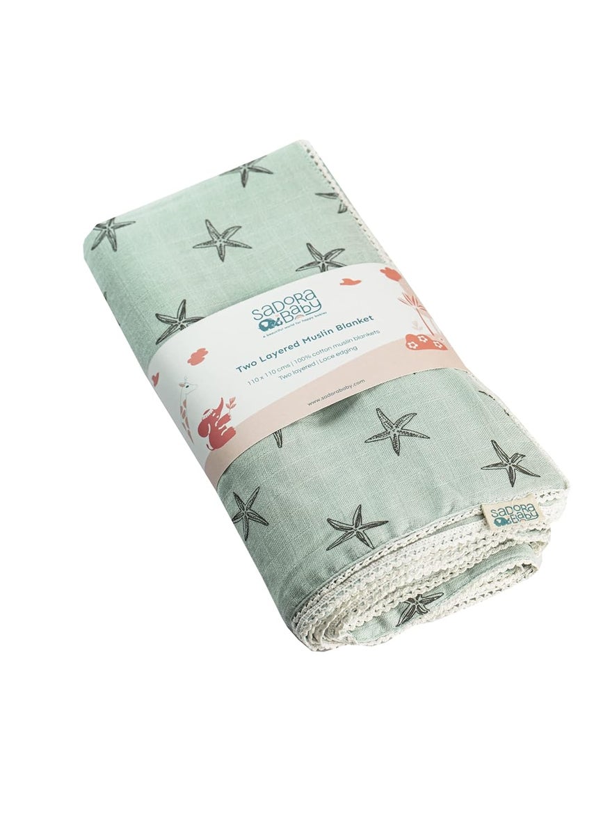 Sadora Baby 2 Layer Muslin Baby Blanket Premium Warm Breathable Cotton Muslin Blanket with Soft Lace Edging Infants and Toddlers 110cm x 110cm Starfish