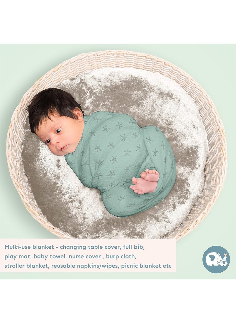 Sadora Baby 2 Layer Muslin Baby Blanket Premium Warm Breathable Cotton Muslin Blanket with Soft Lace Edging Infants and Toddlers 110cm x 110cm Starfish