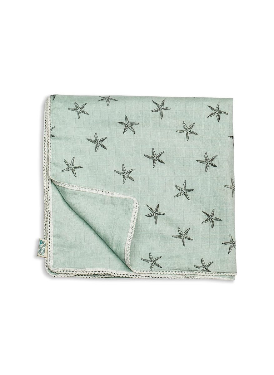 Sadora Baby 2 Layer Muslin Baby Blanket Premium Warm Breathable Cotton Muslin Blanket with Soft Lace Edging Infants and Toddlers 110cm x 110cm Starfish