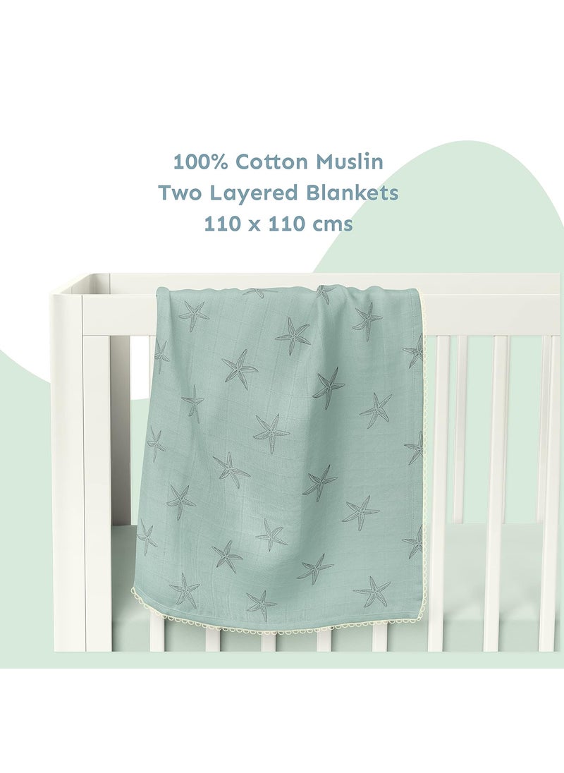 Sadora Baby 2 Layer Muslin Baby Blanket Premium Warm Breathable Cotton Muslin Blanket with Soft Lace Edging Infants and Toddlers 110cm x 110cm Starfish