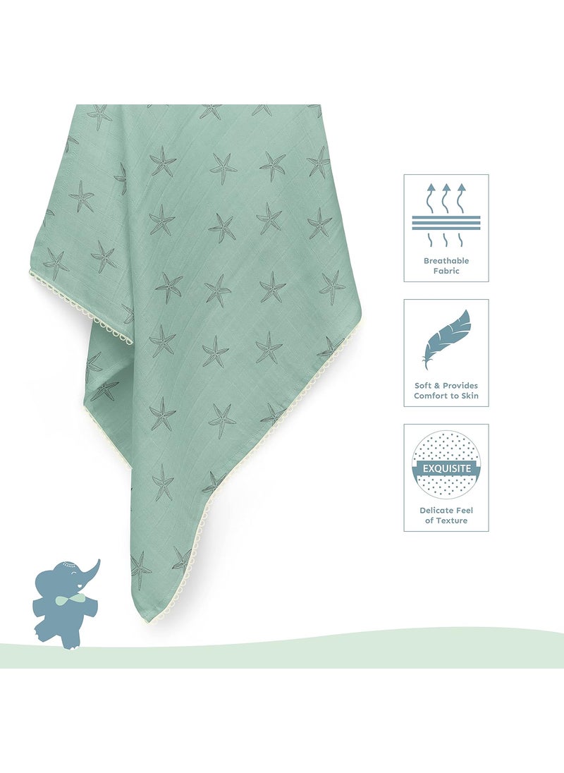 Sadora Baby 2 Layer Muslin Baby Blanket Premium Warm Breathable Cotton Muslin Blanket with Soft Lace Edging Infants and Toddlers 110cm x 110cm Starfish