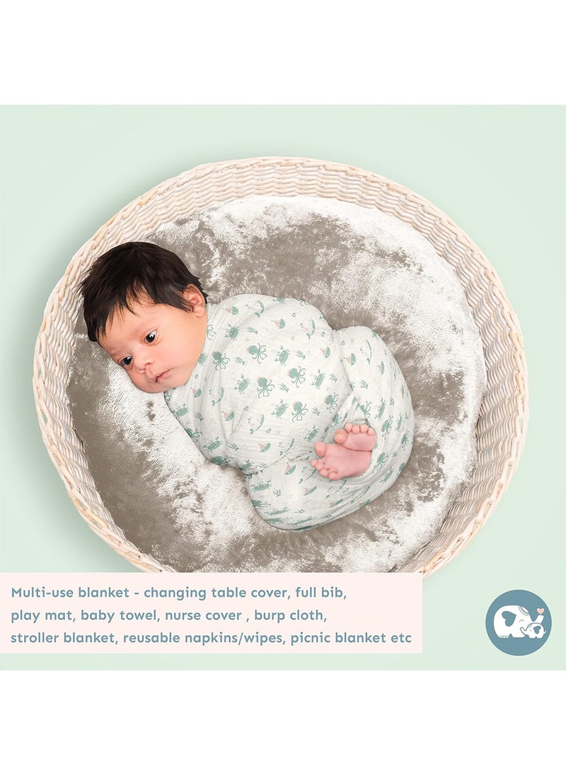 Sadora Baby 2 Layer Muslin Baby Blanket Premium Warm Breathable Cotton Muslin Blanket with Soft Lace Edging Infants and Toddlers 110cm x 110cm Undersea