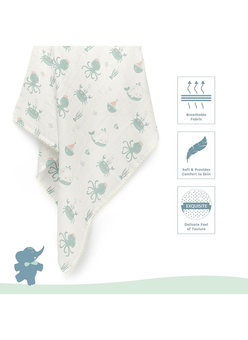 Sadora Baby 2 Layer Muslin Baby Blanket Premium Warm Breathable Cotton Muslin Blanket with Soft Lace Edging Infants and Toddlers 110cm x 110cm Undersea
