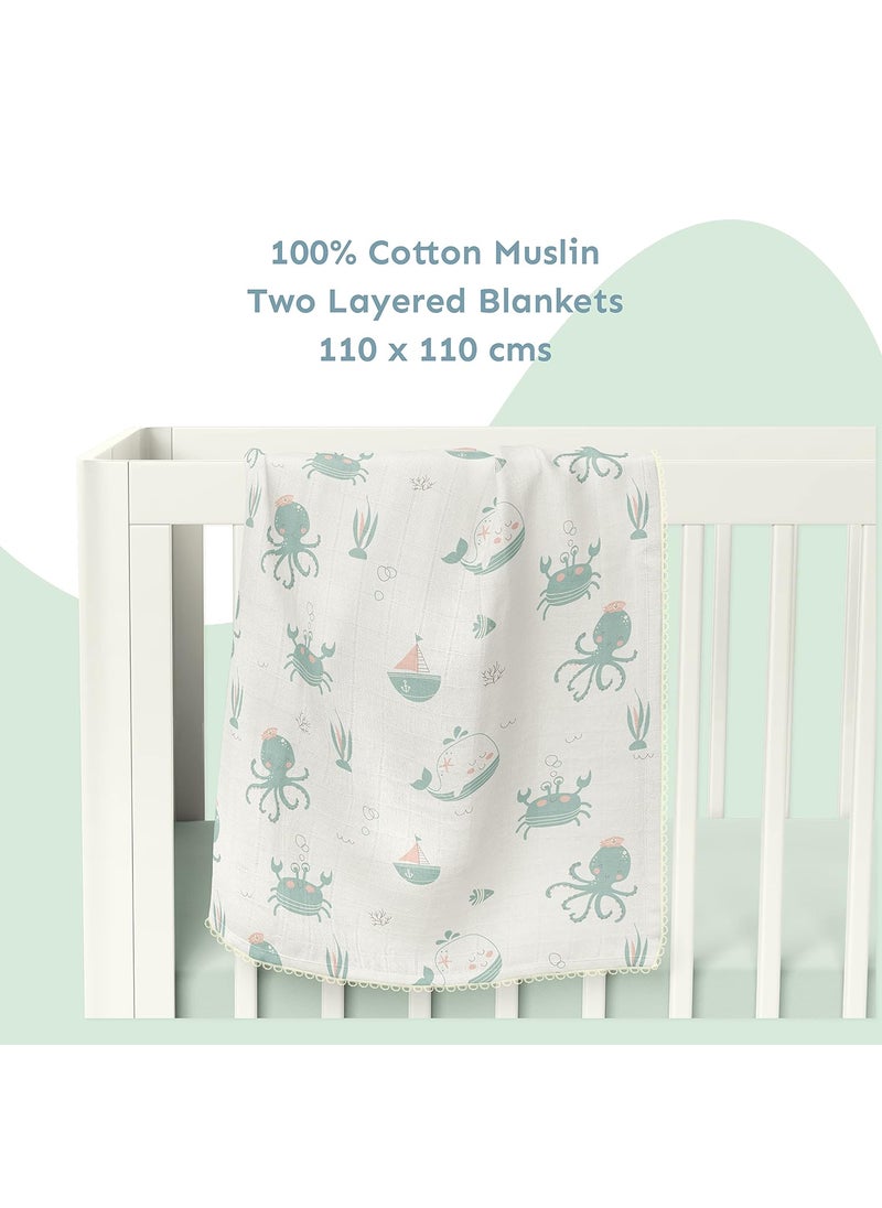 Sadora Baby 2 Layer Muslin Baby Blanket Premium Warm Breathable Cotton Muslin Blanket with Soft Lace Edging Infants and Toddlers 110cm x 110cm Undersea