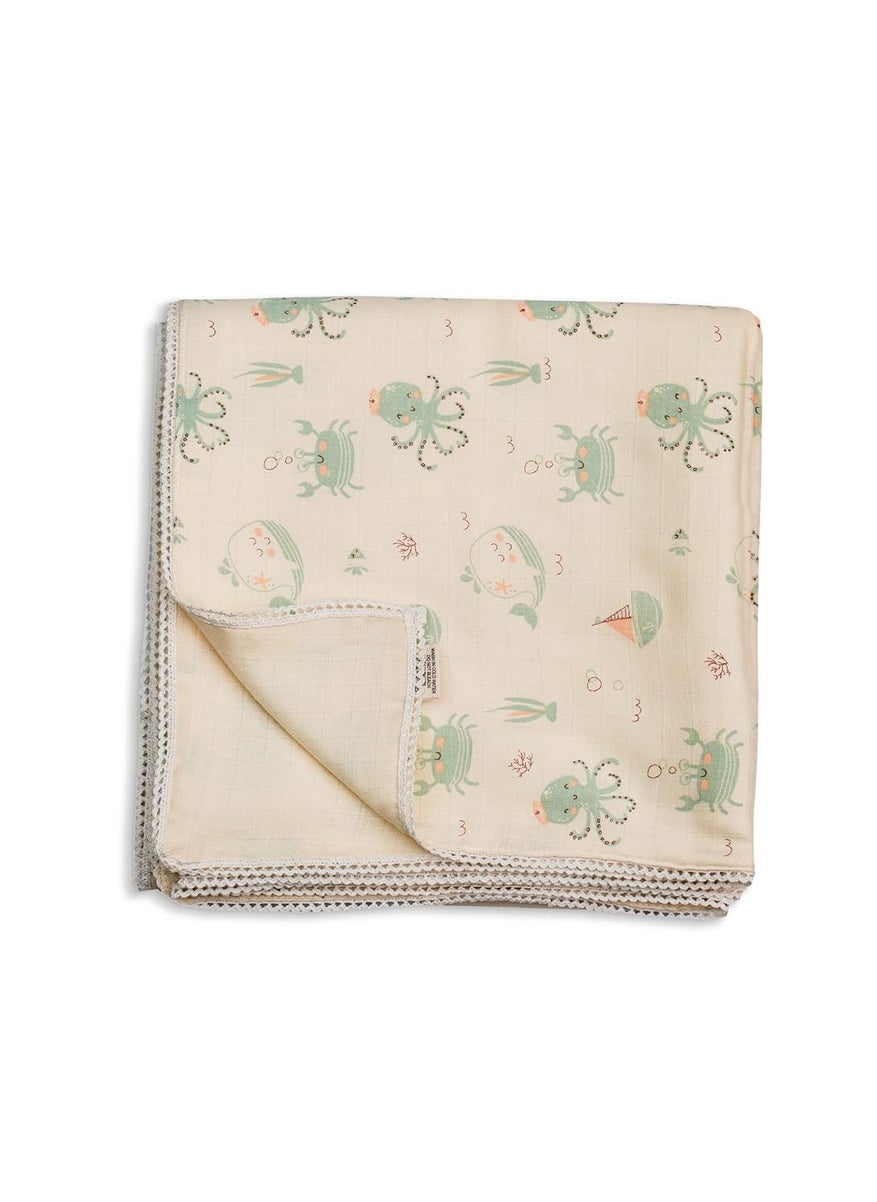 Sadora Baby 2 Layer Muslin Baby Blanket Premium Warm Breathable Cotton Muslin Blanket with Soft Lace Edging Infants and Toddlers 110cm x 110cm Undersea