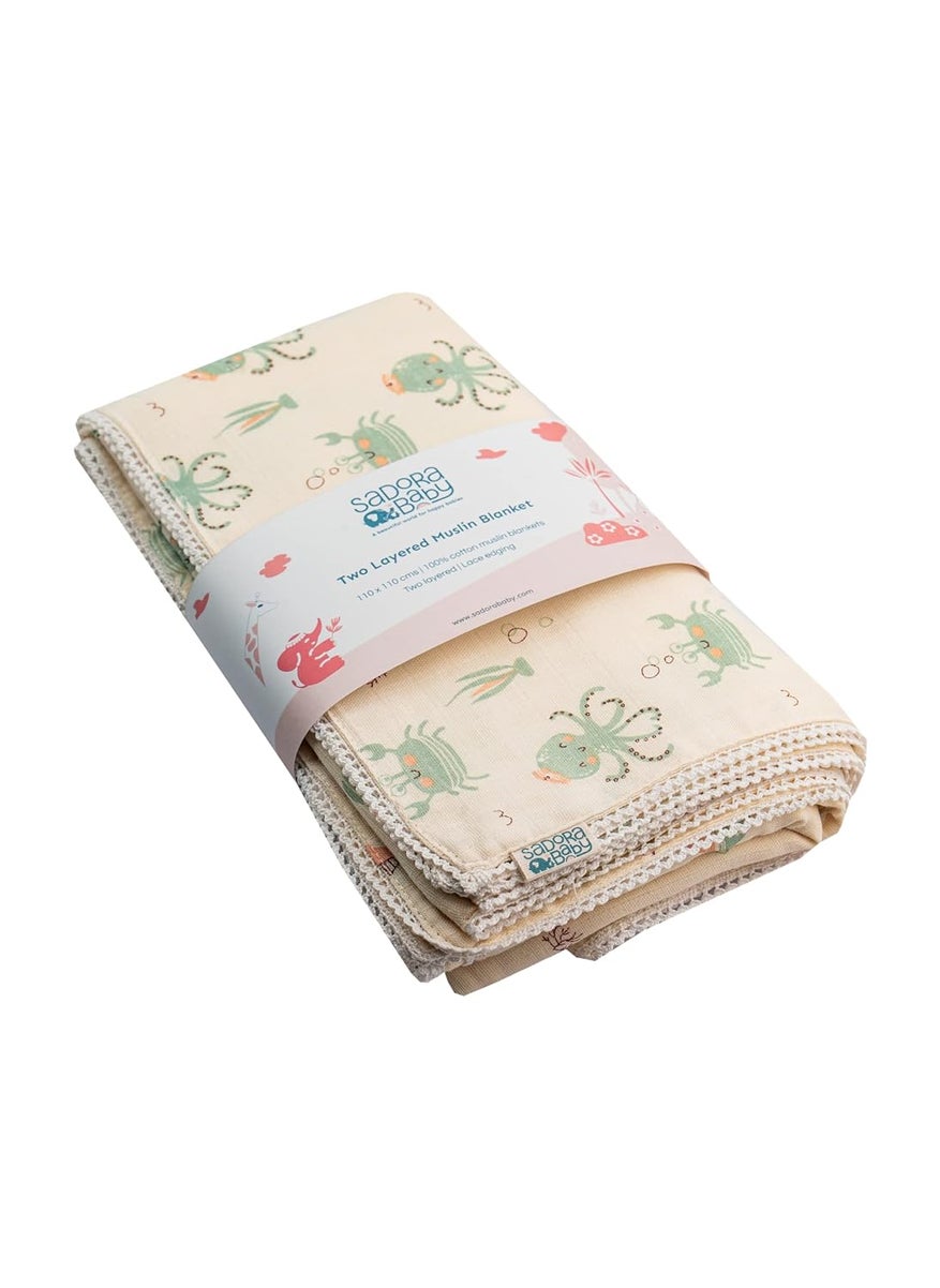 Sadora Baby 2 Layer Muslin Baby Blanket Premium Warm Breathable Cotton Muslin Blanket with Soft Lace Edging Infants and Toddlers 110cm x 110cm Undersea