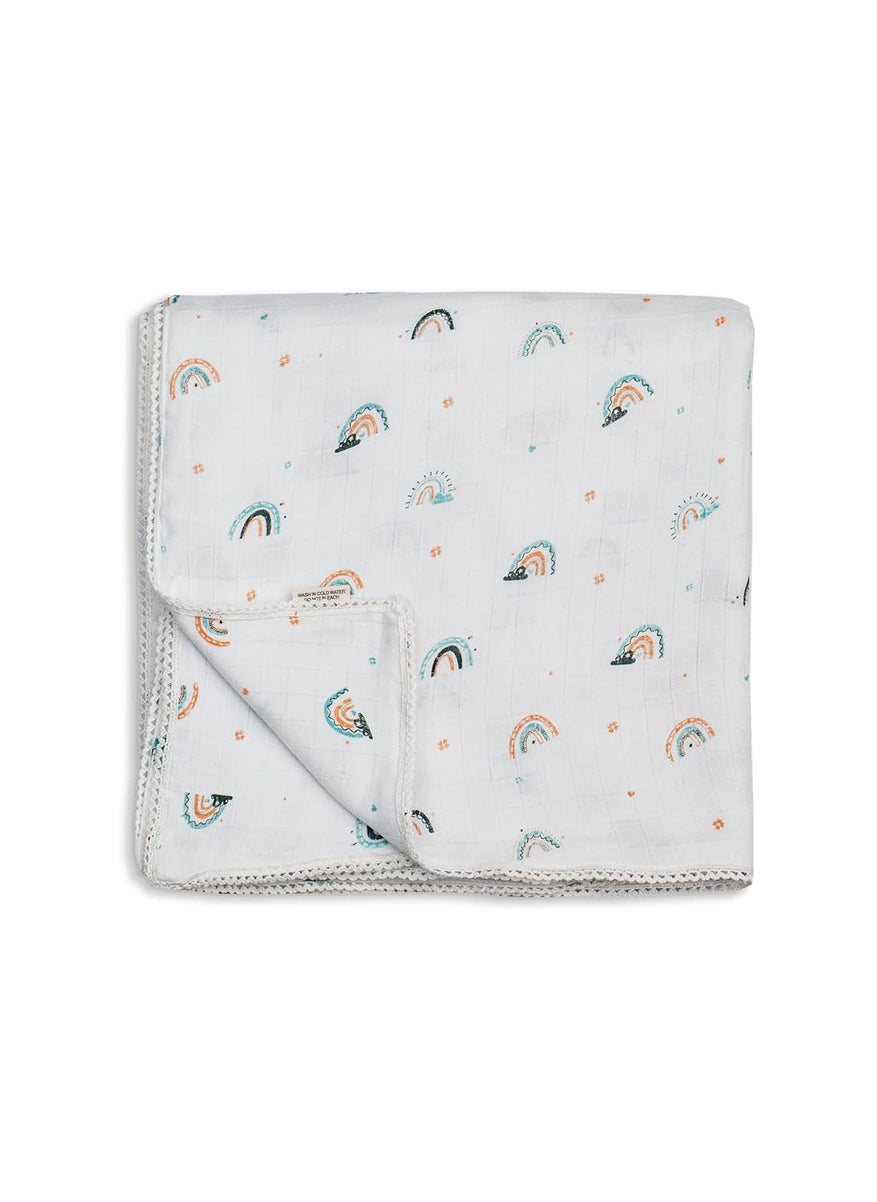 Sadora Baby 2 Layer Muslin Baby Blanket Premium Warm Breathable Cotton Muslin Blanket with Soft Lace Edging Infants and Toddlers 110cm x 110cm Rainbow