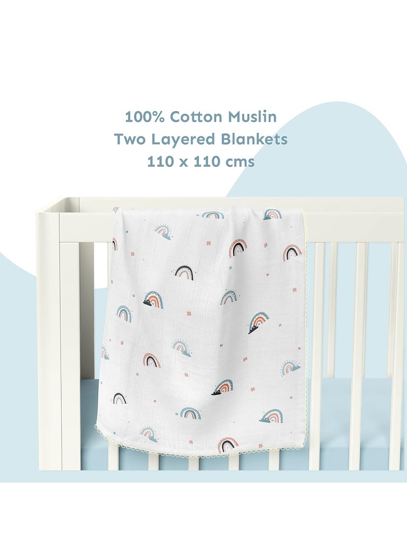 Sadora Baby 2 Layer Muslin Baby Blanket Premium Warm Breathable Cotton Muslin Blanket with Soft Lace Edging Infants and Toddlers 110cm x 110cm Rainbow