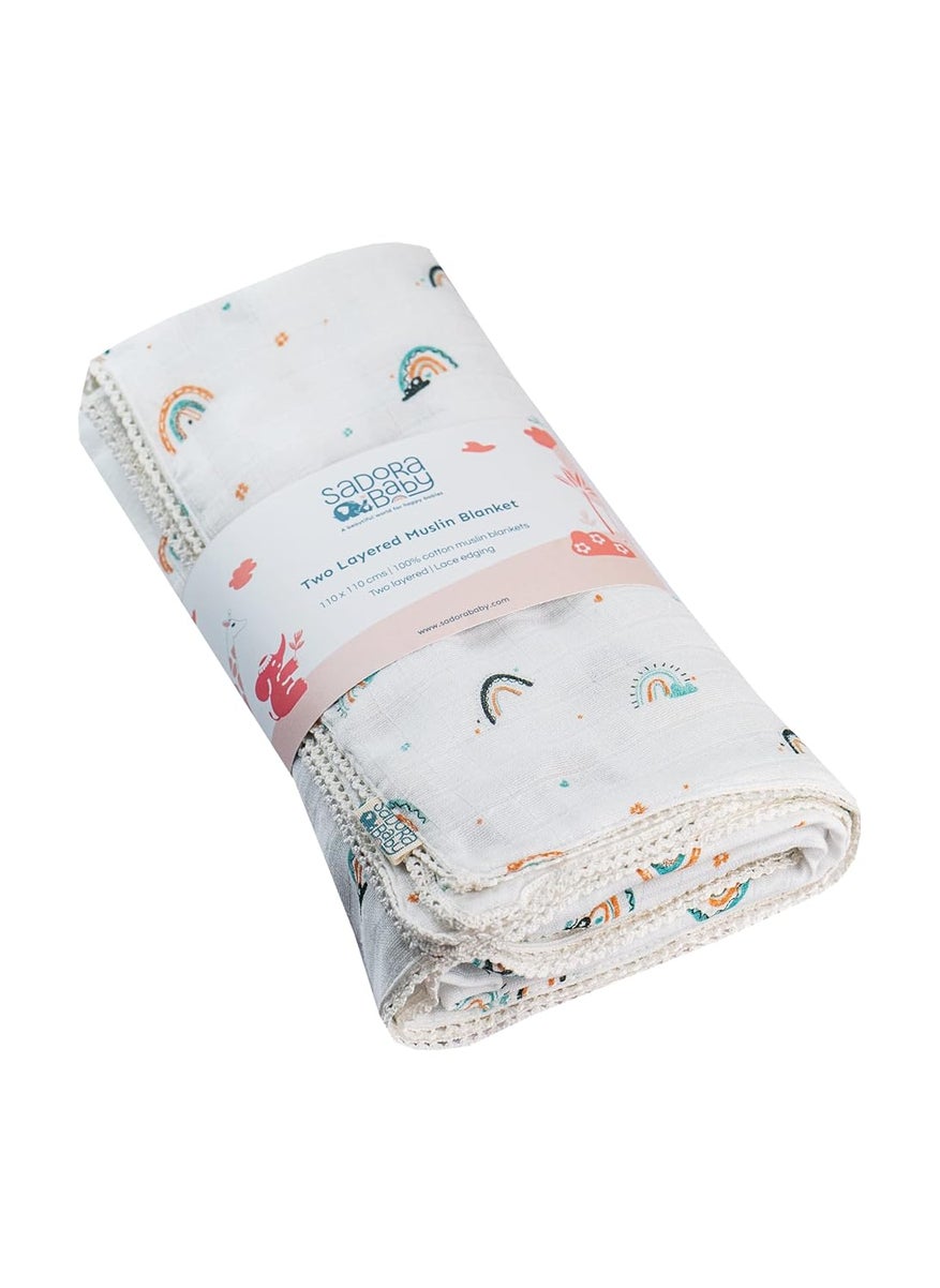 Sadora Baby 2 Layer Muslin Baby Blanket Premium Warm Breathable Cotton Muslin Blanket with Soft Lace Edging Infants and Toddlers 110cm x 110cm Rainbow