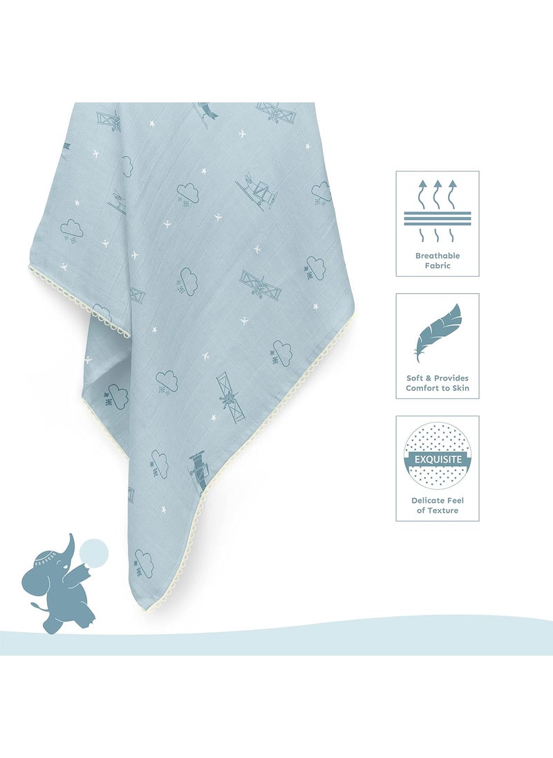 Sadora Baby 2 Layer Muslin Baby Blanket Premium Warm Breathable Cotton Muslin Blanket with Soft Lace Edging Infants and Toddlers 110cm x 110cm Aeroplane