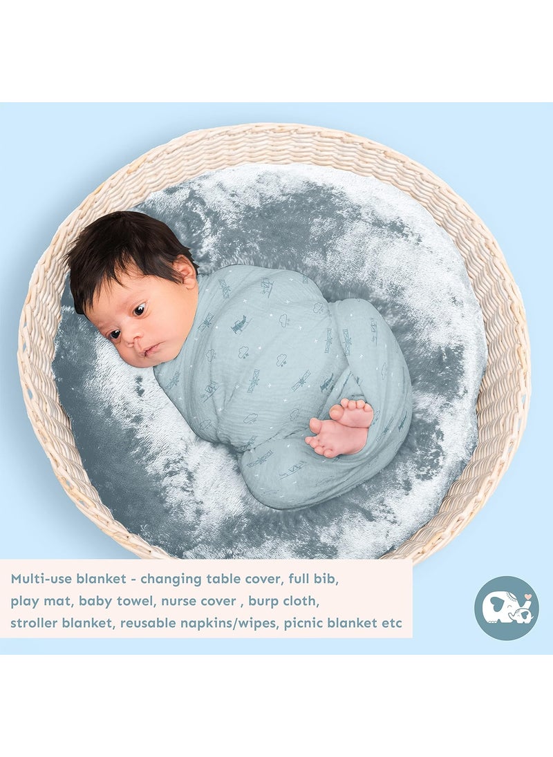 Sadora Baby 2 Layer Muslin Baby Blanket Premium Warm Breathable Cotton Muslin Blanket with Soft Lace Edging Infants and Toddlers 110cm x 110cm Aeroplane