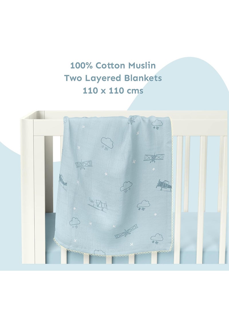 Sadora Baby 2 Layer Muslin Baby Blanket Premium Warm Breathable Cotton Muslin Blanket with Soft Lace Edging Infants and Toddlers 110cm x 110cm Aeroplane