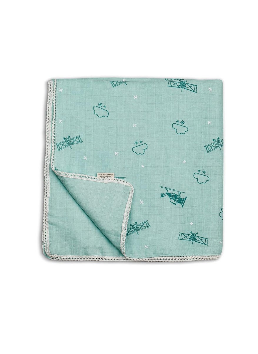 Sadora Baby 2 Layer Muslin Baby Blanket Premium Warm Breathable Cotton Muslin Blanket with Soft Lace Edging Infants and Toddlers 110cm x 110cm Aeroplane