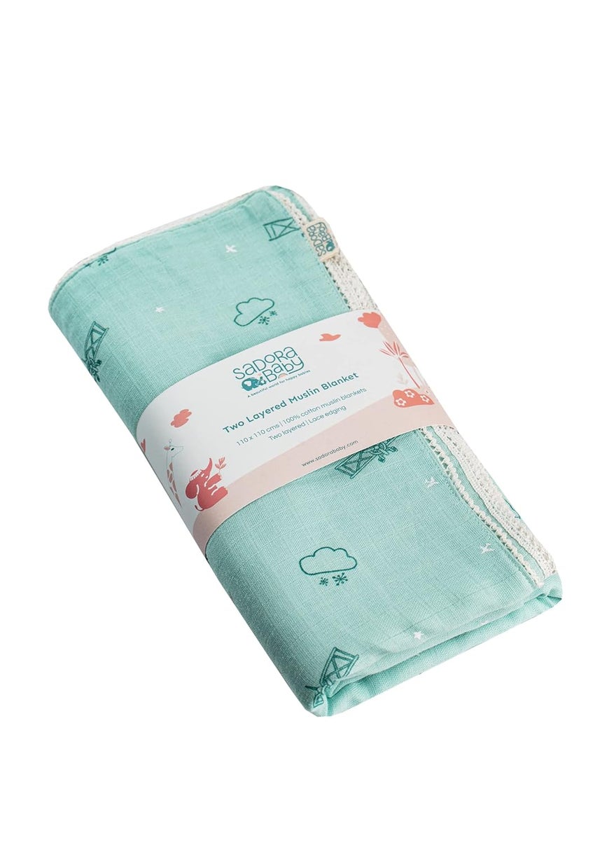 Sadora Baby 2 Layer Muslin Baby Blanket Premium Warm Breathable Cotton Muslin Blanket with Soft Lace Edging Infants and Toddlers 110cm x 110cm Aeroplane