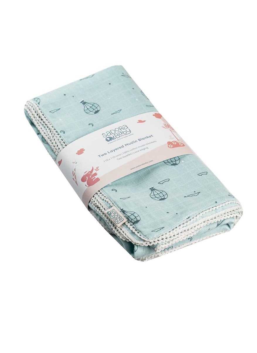 Sadora Baby 2 Layer Muslin Baby Blanket Premium Warm Breathable Cotton Muslin Blanket with Soft Lace Edging Infants and Toddlers 110cm x 110cm Hot Air Balloon