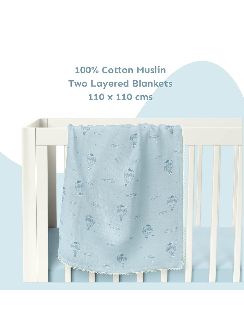 Sadora Baby 2 Layer Muslin Baby Blanket Premium Warm Breathable Cotton Muslin Blanket with Soft Lace Edging Infants and Toddlers 110cm x 110cm Hot Air Balloon