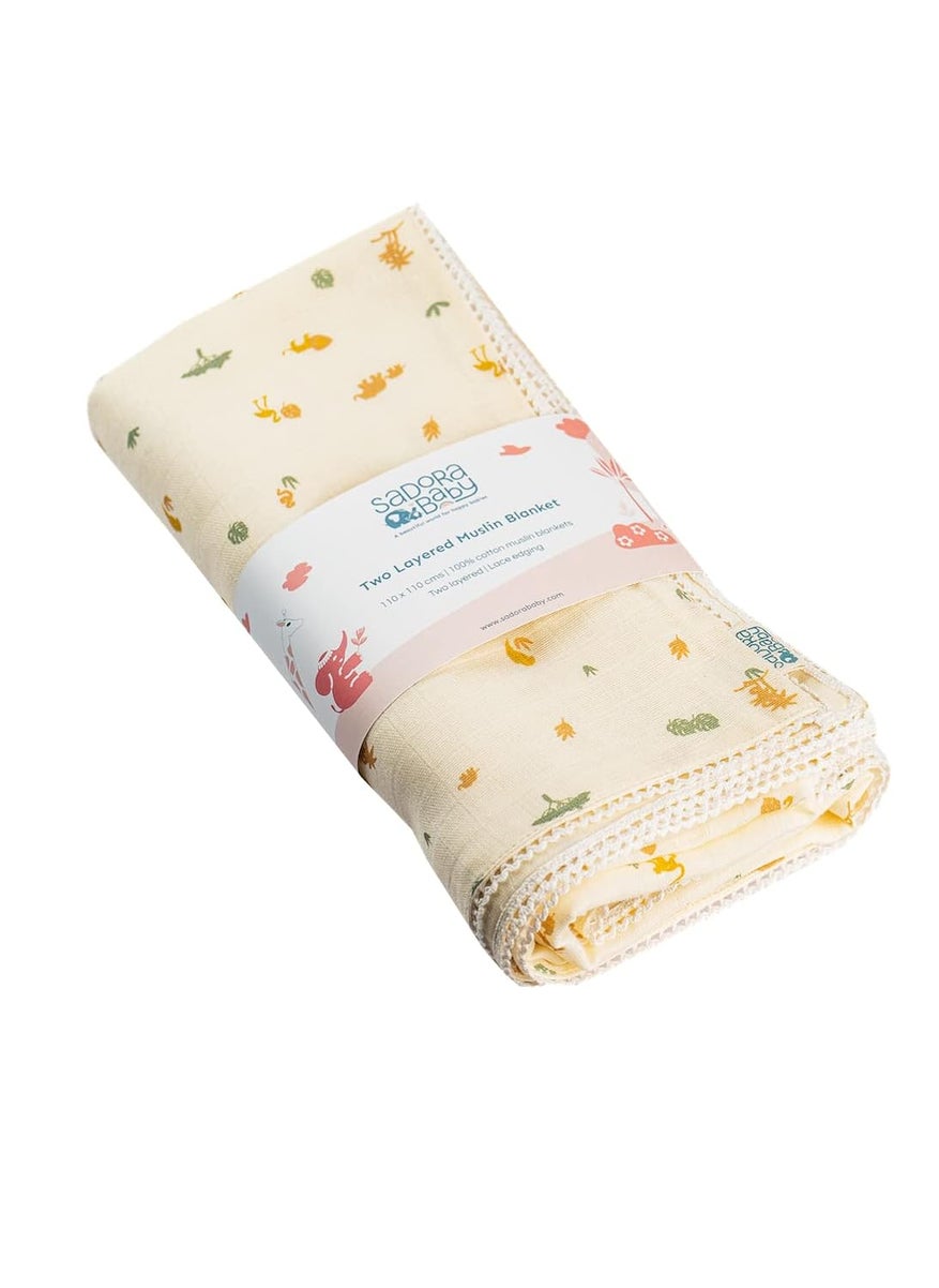 Sadora Baby 2 Layer Muslin Baby Blanket Premium Warm Breathable Cotton Muslin Blanket with Soft Lace Edging Infants and Toddlers 110cm x 110cm Savanna