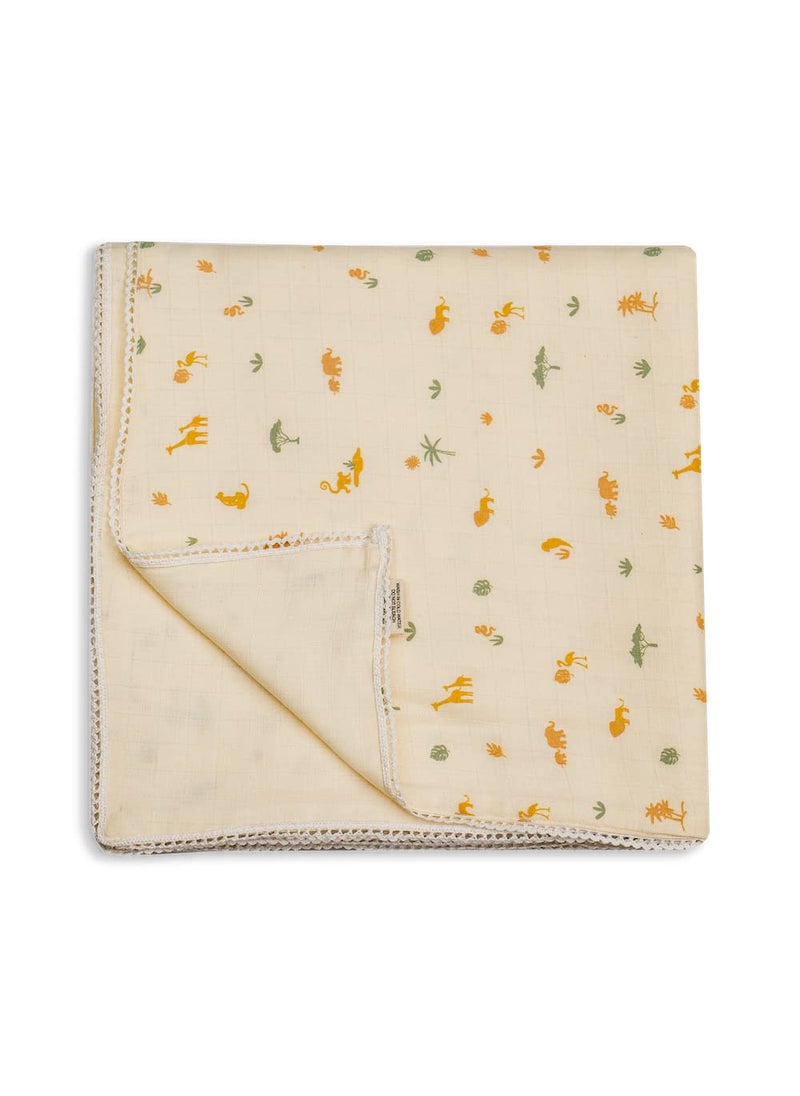 Sadora Baby 2 Layer Muslin Baby Blanket Premium Warm Breathable Cotton Muslin Blanket with Soft Lace Edging Infants and Toddlers 110cm x 110cm Savanna