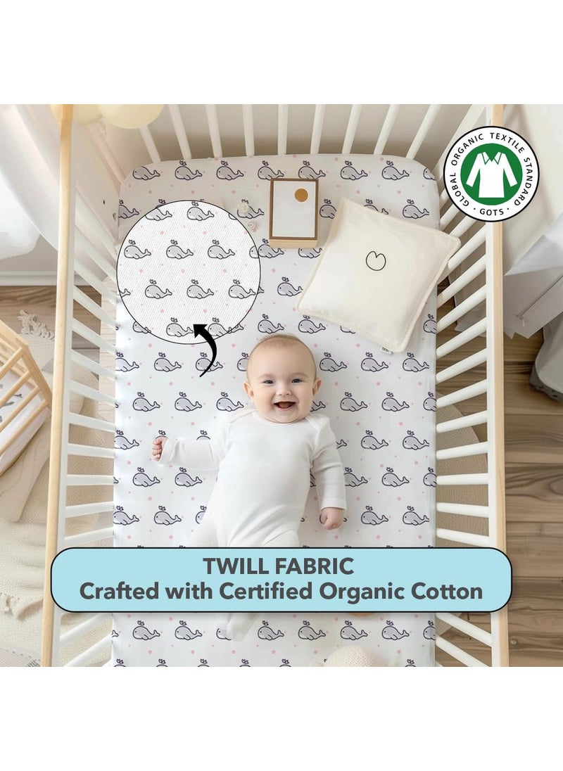 Cotton Baby Crib Fitted Bed Sheets for Cot Organic Twill Fabric Baby Bedding for New Born Infants Toddlers 48x24 Pack of 1 The White Cradle Grey Whale with Pink Dots