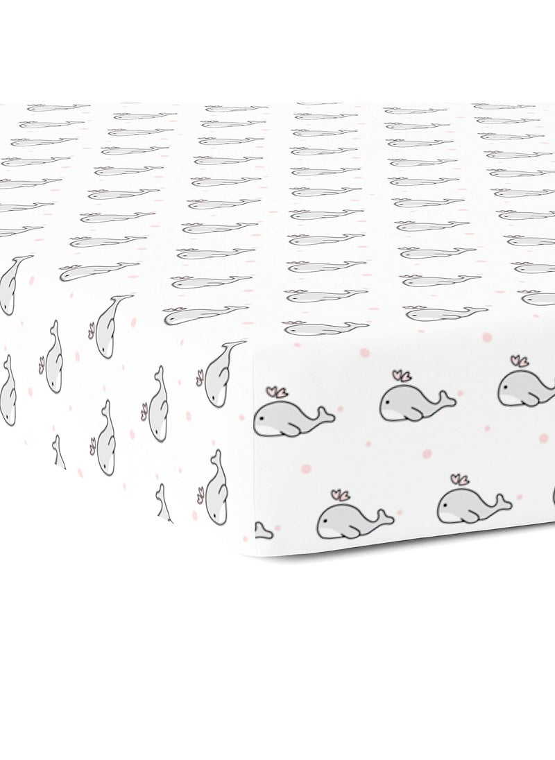 Cotton Baby Crib Fitted Bed Sheets for Cot Organic Twill Fabric Baby Bedding for New Born Infants Toddlers 48x24 Pack of 1 The White Cradle Grey Whale with Pink Dots