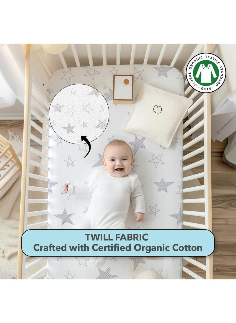 Cotton Baby Crib Fitted Bed Sheets for Cot Organic Twill Fabric Baby Bedding for New Born Infants Toddlers 48x24 Pack of 1 The White Cradle Stars