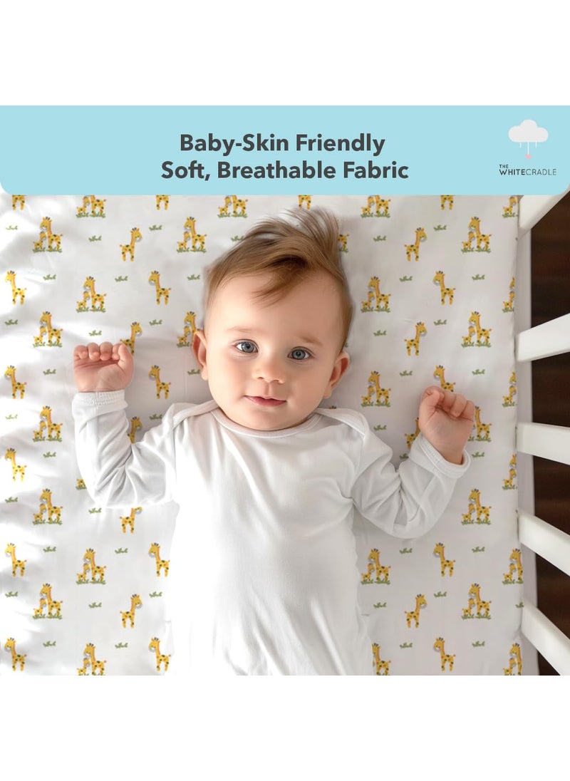 Cotton Baby Crib Fitted Bed Sheets for Cot Organic Twill Fabric Baby Bedding for New Born Infants Toddlers 55x28 Pack of 2 The White Cradle Giraffe and Flower