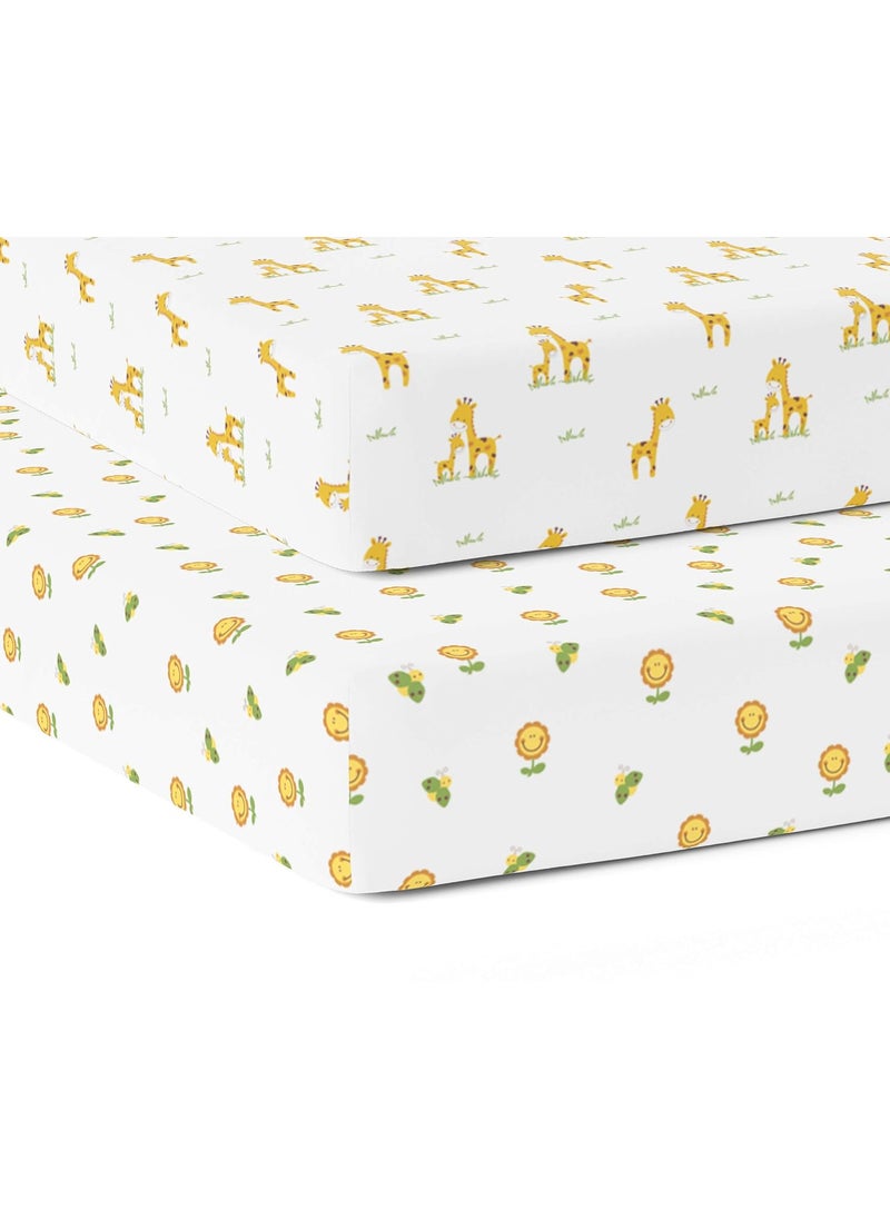 Cotton Baby Crib Fitted Bed Sheets for Cot Organic Twill Fabric Baby Bedding for New Born Infants Toddlers 55x28 Pack of 2 The White Cradle Giraffe and Flower