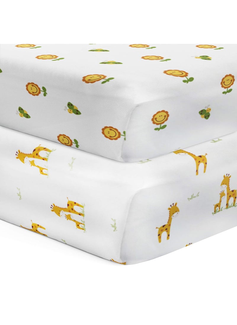 The White Cradle Flat Bed Sheet for Baby Cot Mattress 2 pcs Pack Pure Organic Cotton Extra Large Super Soft Smooth Absorbent Twill Fabric for Infants Newborns Giraffe and Flower