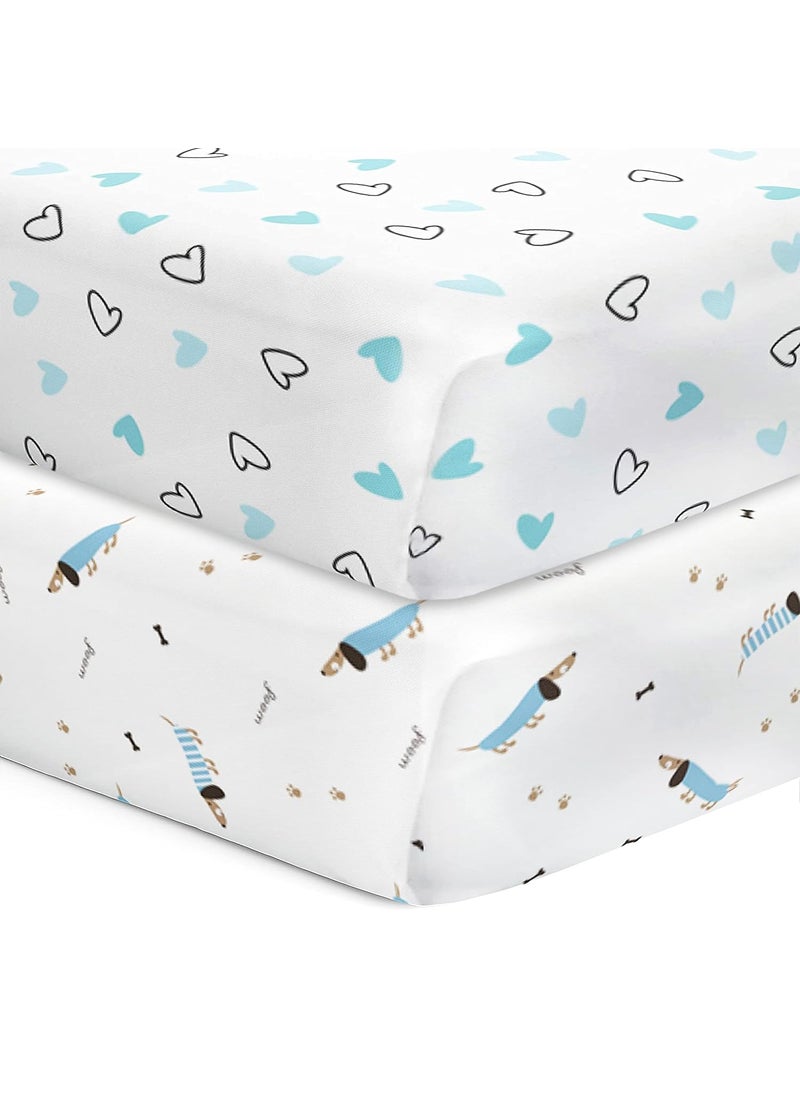 The White Cradle Flat Bed Sheet for Baby Cot Mattress 2 pcs pack Pure Organic Cotton Extra Large Super Soft Smooth Absorbent Twill Fabric for Infants Newborns Blue Hearts Blue Poodle