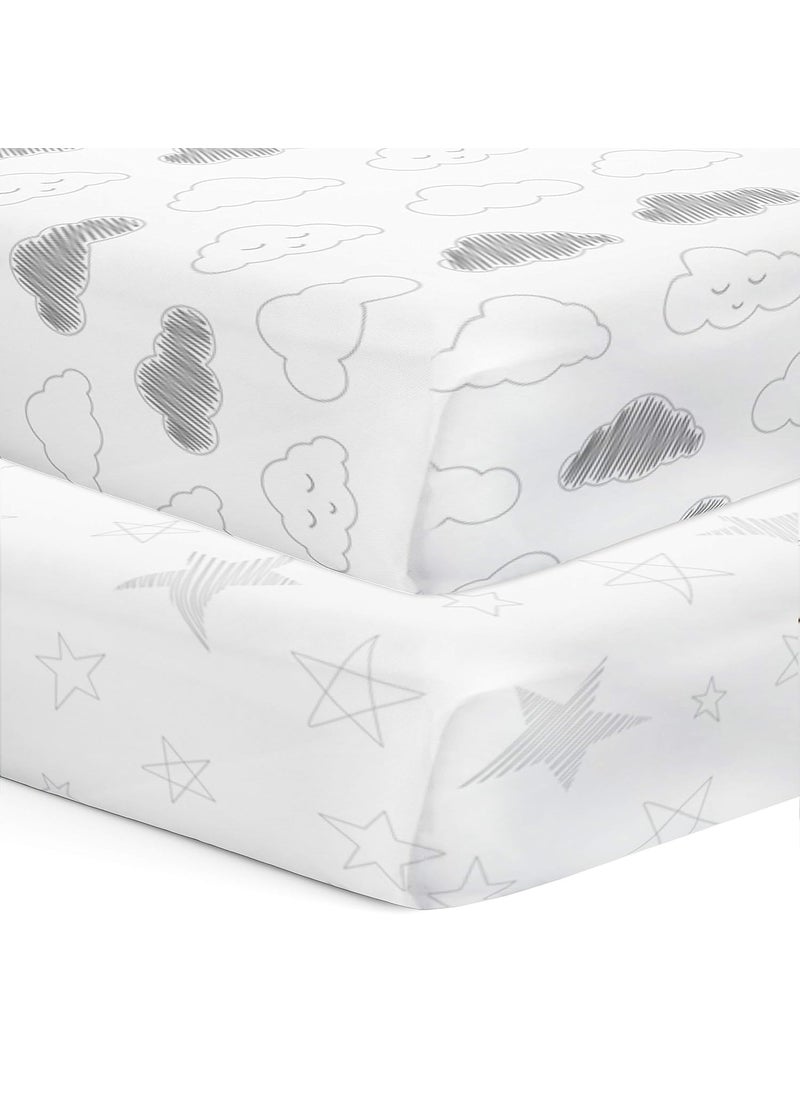 The White Cradle Flat Bed Sheet for Baby Cot Mattress 2 pcs Pack Pure Organic Cotton Extra Large Super Soft Smooth Absorbent Twill Fabric for Infants Newborns Star Clouds