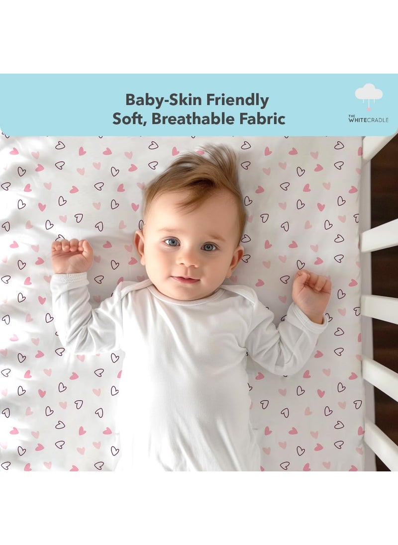Cotton Baby Crib Fitted Bed Sheets for Cot Organic Twill Fabric Baby Bedding for New Born Infants Toddlers 52x28 Pack of 2 The White Cradle Pink Whale Hearts