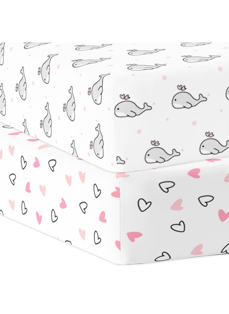 Cotton Baby Crib Fitted Bed Sheets for Cot Organic Twill Fabric Baby Bedding for New Born Infants Toddlers 52x28 Pack of 2 The White Cradle Pink Whale Hearts