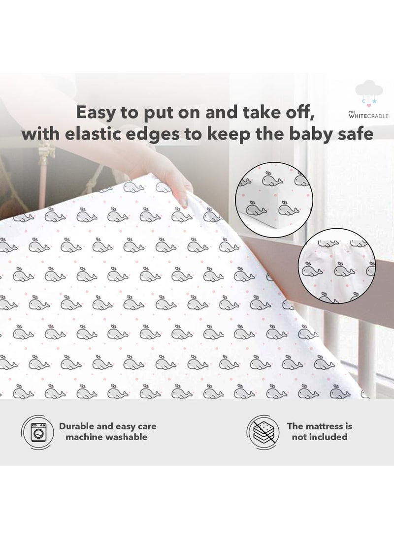 Cotton Baby Crib Fitted Bed Sheets for Cot Organic Twill Fabric Baby Bedding for New Born Infants Toddlers 52x28 Pack of 2 The White Cradle Pink Whale Hearts