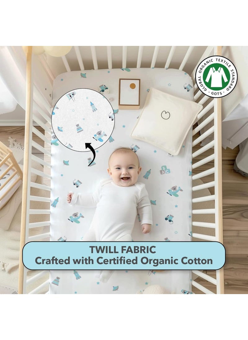 Cotton Baby Crib Fitted Bed Sheets for Cot Organic Twill Fabric Baby Bedding for New Born Infants Toddlers 52x28 Pack of 2 The White Cradle Blue Bear 1 and 2