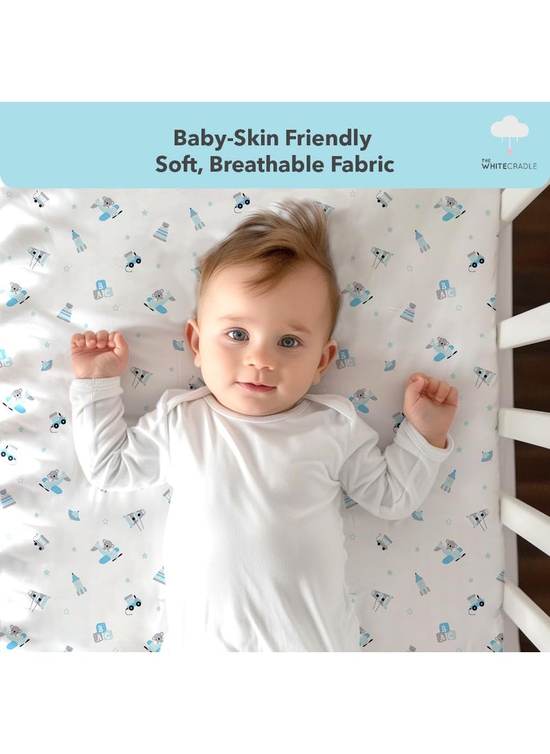 Cotton Baby Crib Fitted Bed Sheets for Cot Organic Twill Fabric Baby Bedding for New Born Infants Toddlers 52x28 Pack of 2 The White Cradle Blue Bear 1 and 2