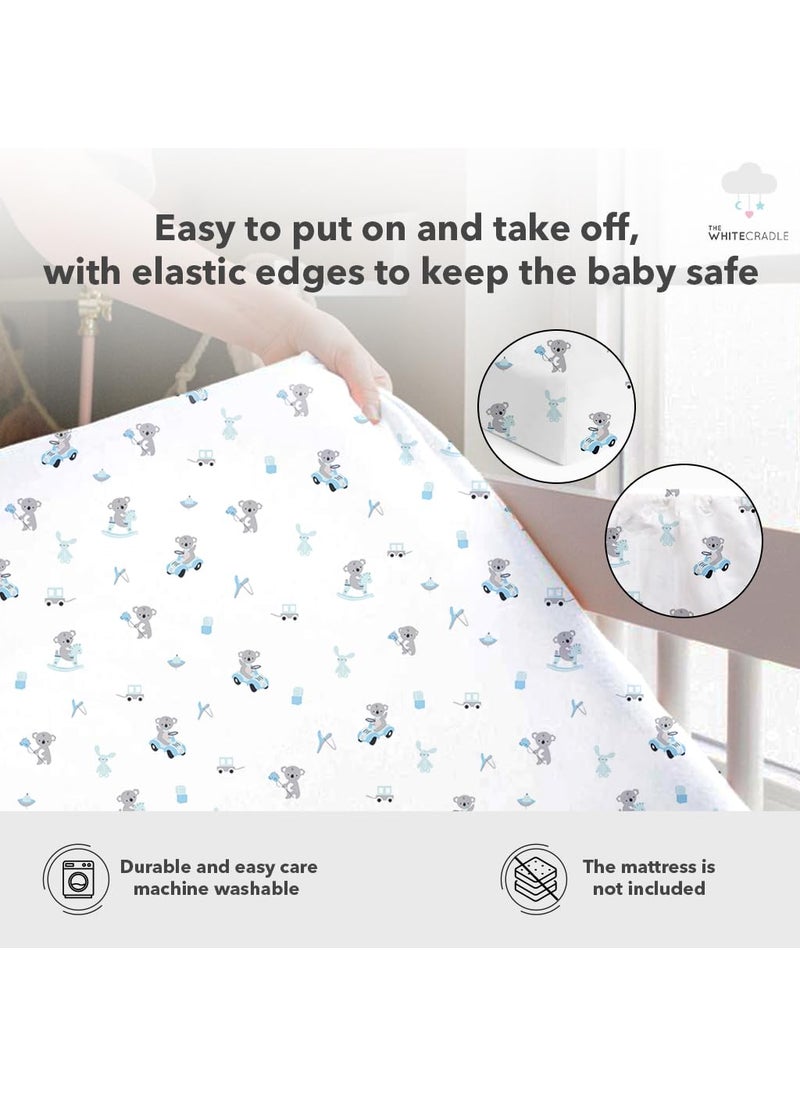 Cotton Baby Crib Fitted Bed Sheets for Cot Organic Twill Fabric Baby Bedding for New Born Infants Toddlers 52x28 Pack of 2 The White Cradle Blue Bear 1 and 2