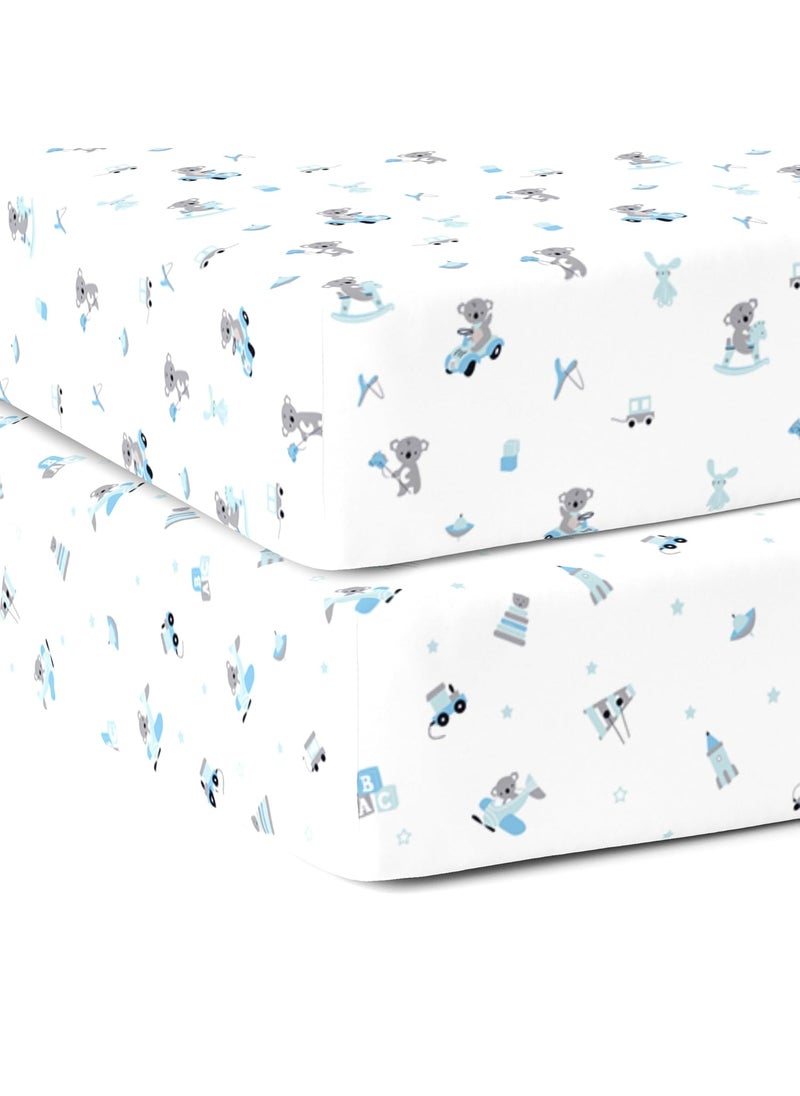 Cotton Baby Crib Fitted Bed Sheets for Cot Organic Twill Fabric Baby Bedding for New Born Infants Toddlers 52x28 Pack of 2 The White Cradle Blue Bear 1 and 2