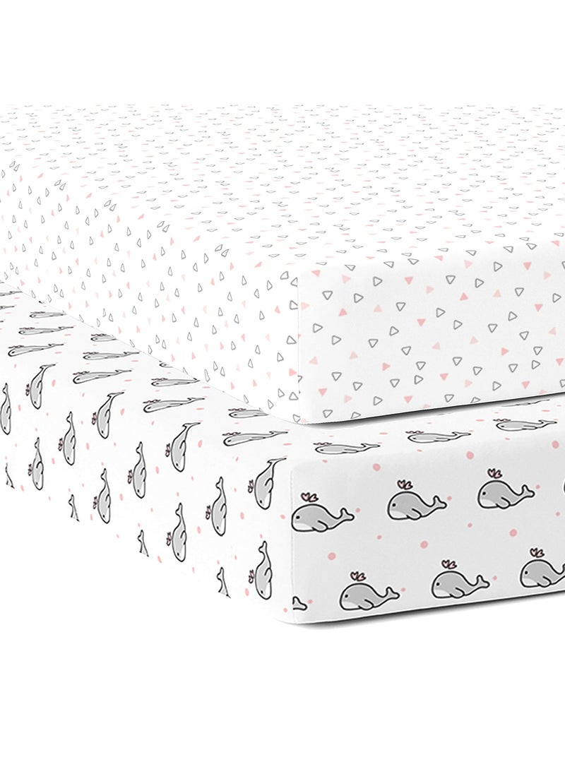 Cotton Baby Crib Fitted Bed Sheets for Cot Organic Twill Fabric Baby Bedding for New Born Infants Toddlers 52x28 Pack of 2 The White Cradle Pink Whale and Triangle