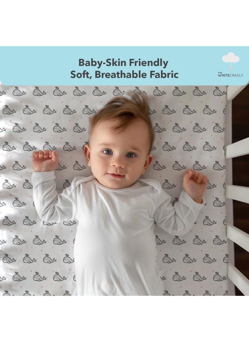 Cotton Baby Crib Fitted Bed Sheets for Cot Organic Twill Fabric Baby Bedding for New Born Infants Toddlers 52x28 Pack of 2 The White Cradle Pink Whale and Triangle
