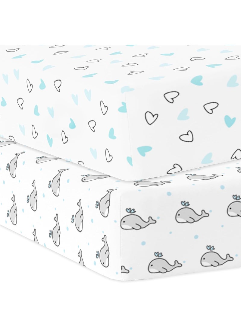 Cotton Baby Crib Fitted Bed Sheets for Cot Organic Twill Fabric Baby Bedding for New Born Infants Toddlers 52x28 Pack of 2 The White Cradle Blue Whale and Hearts