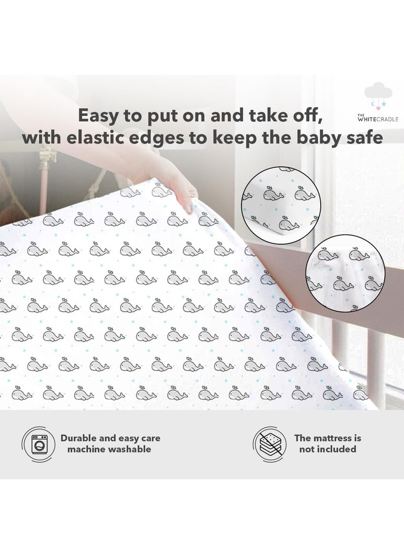 Cotton Baby Crib Fitted Bed Sheets for Cot Organic Twill Fabric Baby Bedding for New Born Infants Toddlers 52x28 Pack of 2 The White Cradle Blue Whale and Hearts