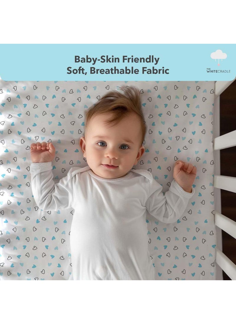 Cotton Baby Crib Fitted Bed Sheets for Cot Organic Twill Fabric Baby Bedding for New Born Infants Toddlers 52x28 Pack of 2 The White Cradle Blue Whale and Hearts