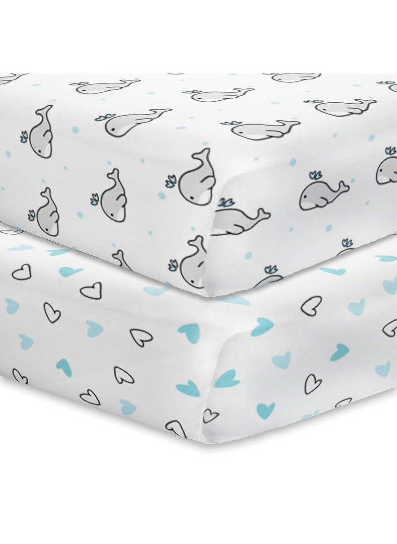 The White Cradle Flat Bed Sheet for Baby Cot Mattress 2 pcs Pack Pure Organic Cotton Extra Large Super Soft Smooth Absorbent Twill Fabric for Infants Newborns Blue Whale and Hearts