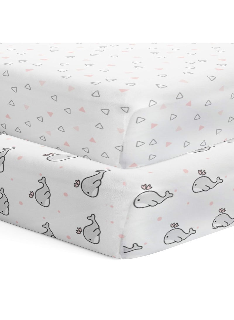 The White Cradle Flat Bed Sheet for Baby Cot Mattress 2 pcs Pack Pure Organic Cotton Extra Large Super Soft Smooth Absorbent Twill Fabric for Infants Newborns Pink Whale and Triangle