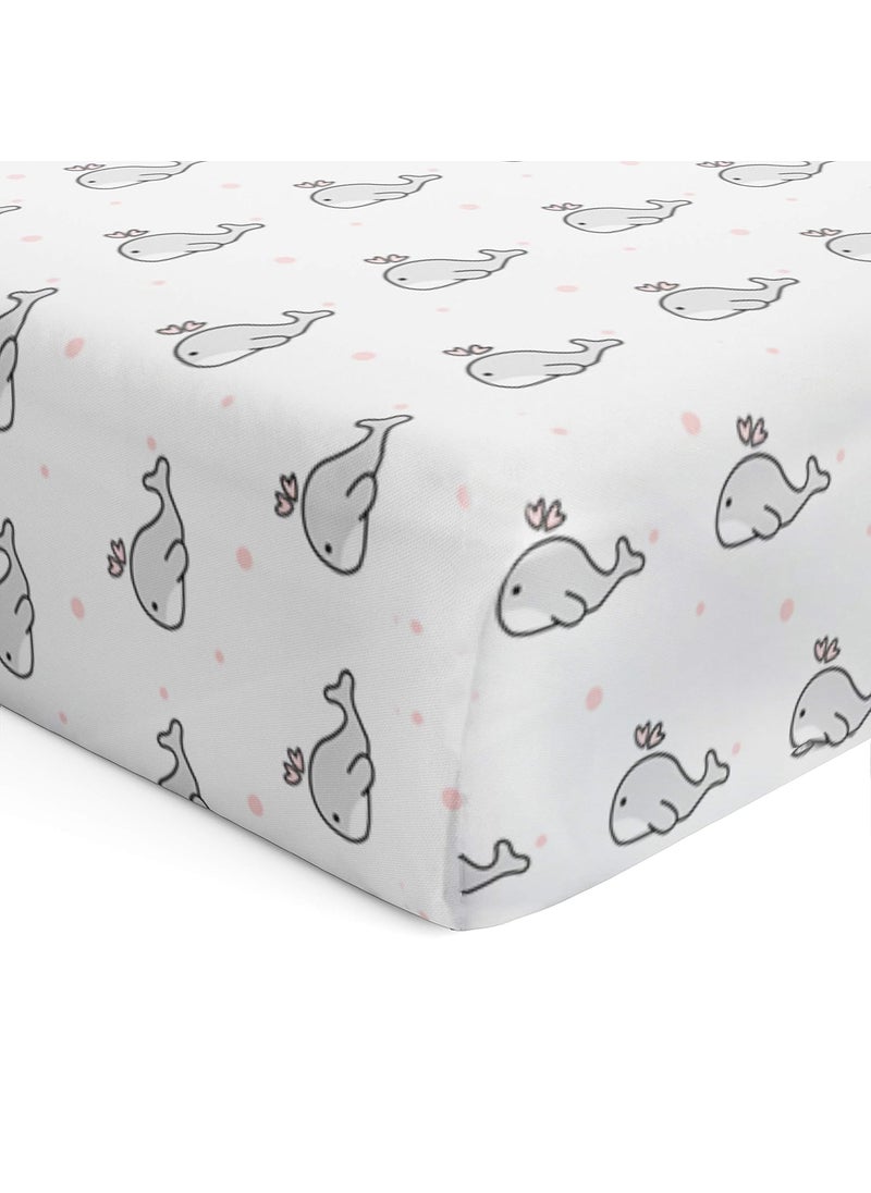 The White Cradle Flat Bed Sheet for Baby Cot Mattress 2 pcs Pack Pure Organic Cotton Extra Large Super Soft Smooth Absorbent Twill Fabric for Infants Newborns Pink Whale and Triangle