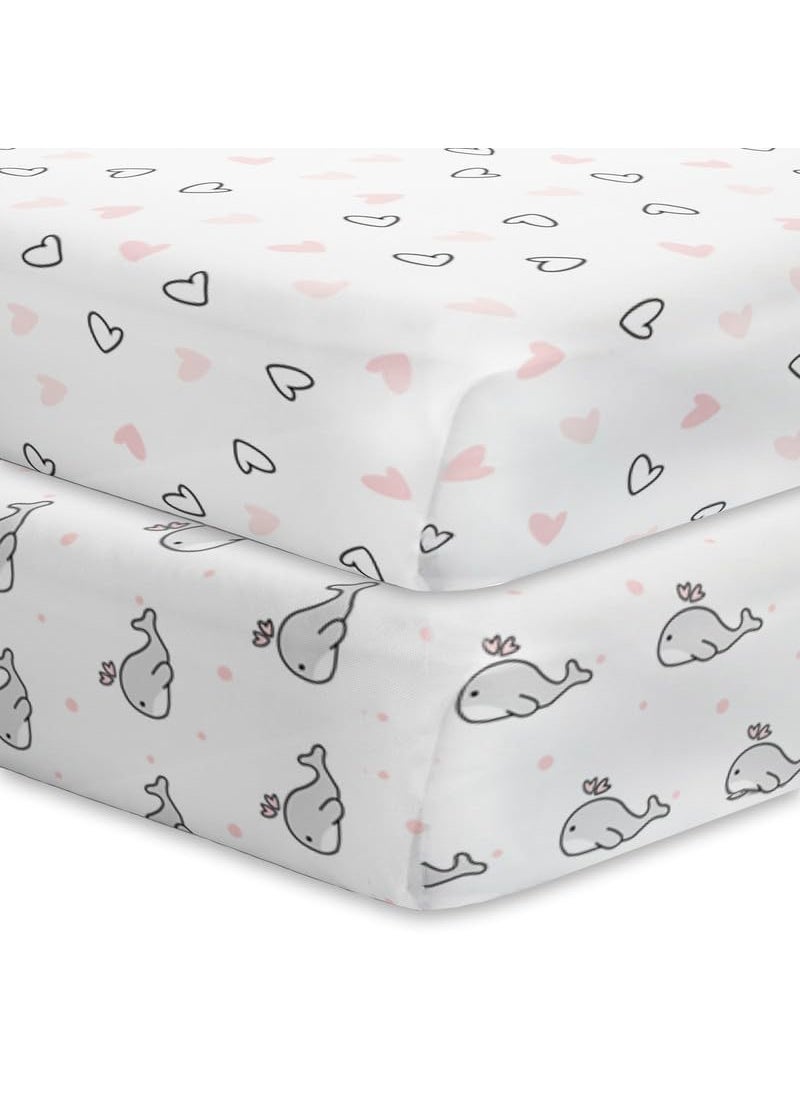 The White Cradle Flat Bed Sheet for Baby Cot Mattress 2 pcs Pack Pure Organic Cotton Extra Large Super Soft Smooth Absorbent Twill Fabric for Infants Newborns Pink Whale Hearts
